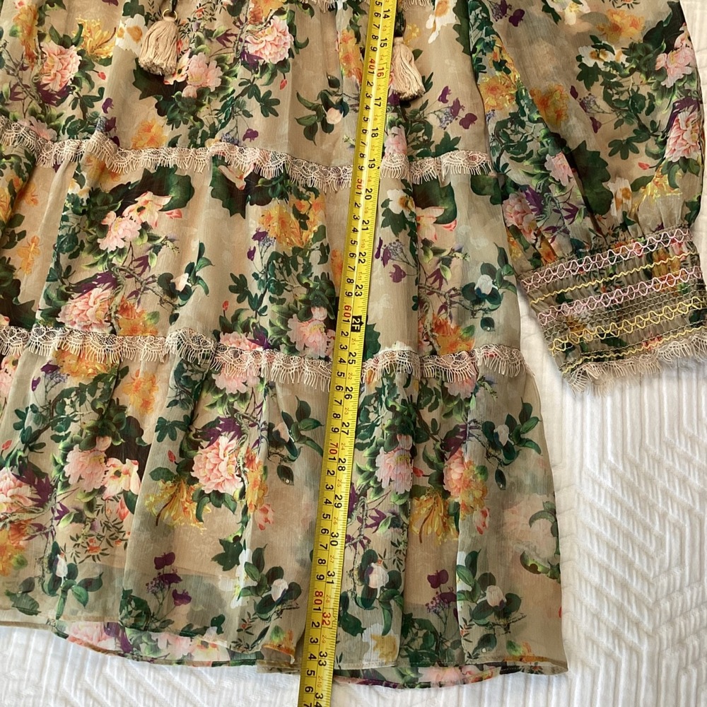 Alice + Olivia Floral Lace Boho Dress M Sheer Long Sleeve Tiered Tassel Mini - Picture 6 of 11